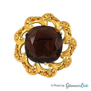 Vintage Florenza Large Topaz Glass Round Floral Filigree Gold Tone Brooch Pin